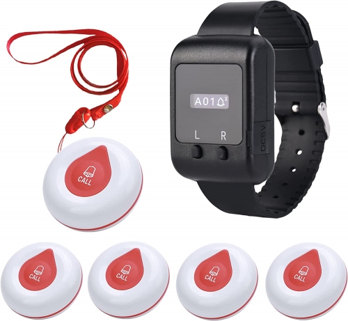 BYHUBYENG Wireless Caregiver Pager Nurse Calling System with 1 Watch Pager and 5 Call Buttons for Elderly/Patient/Disable at Home