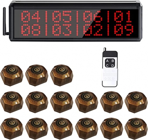 Restaurant Pager System Queue Calling System Wireless Table Call with 1 Display Screen for Number Calling/1 Remote Control/15 Waterproof Call Buttons for Service Calling