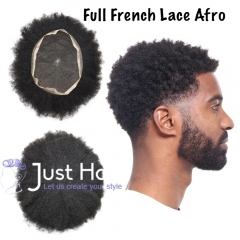 Full French Lace Afro Kinky Curly Toupee for Black Men Remy Human Hair Piece Transparent Lace African American Afro Wavy Men Hair Replacement System