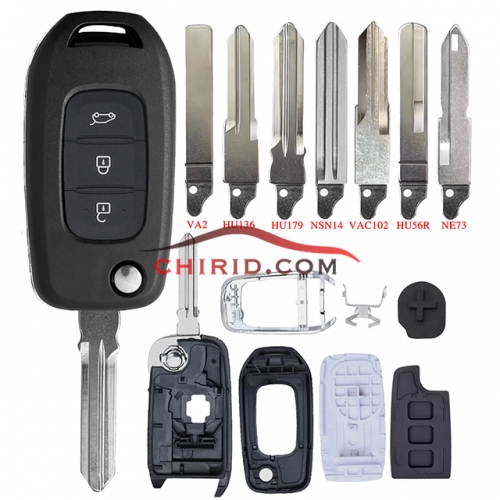 Renault 3 button flip remote key blank with 7 types blade, please choose which blade do you need?