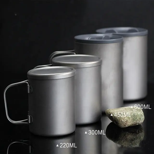OEM Ultralight Mug Drinking Cup Double Walled Titanium 220ml 300ml 450ml 600ml Travel Mugs Titanium or Customized Color with Lid