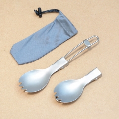 Picnic 2 in 1Pure long handle Foldable Metal Titanium Spoon Spork with Polished Bowl