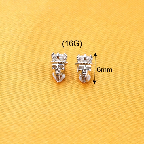 Punk Style ASTM-F136 titanium New Halloween Jewelry Unisex White and Red Cubic Zirconia Crown Ghost Head Skull Stud Earrings for Men and Woman--P500