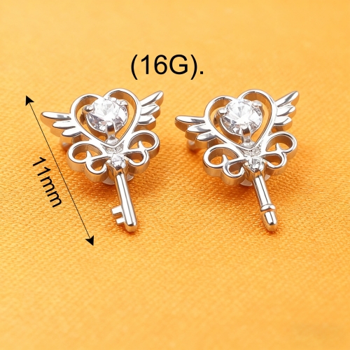 Cute Angel Wing Earrings Anti-allergy ASTM-F136 titanium Jewelry a Piercing Pierces Through the Heart White and Red Zircon--P501