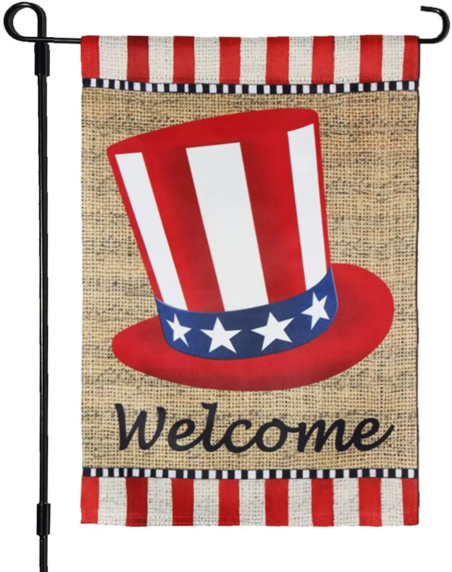 Homissor Uncle Sam Hat America Welcome Garden Flag- Patriotic Stars and Stripes Hat United States 4th of July Decor Yard Flags Banner 12.5" x 18"
