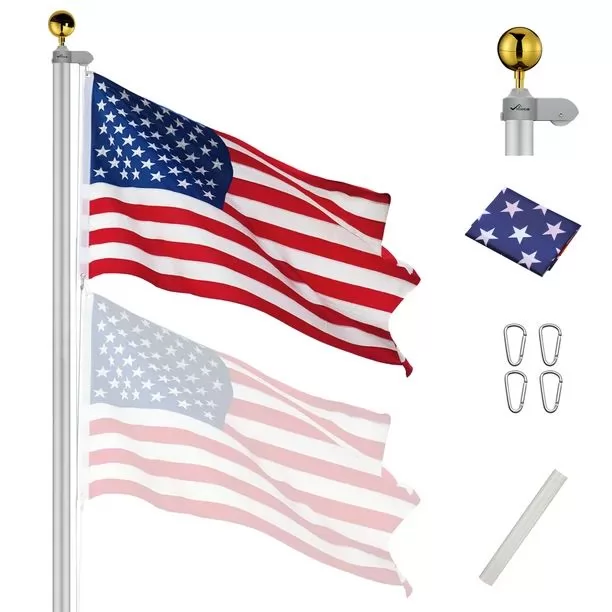 25 FT Upgraded Sectional Aluminum Flagpole 15 Gauge 24-30mph 3'x5' US American Flag Ball Fly 2 Flags Outdoor