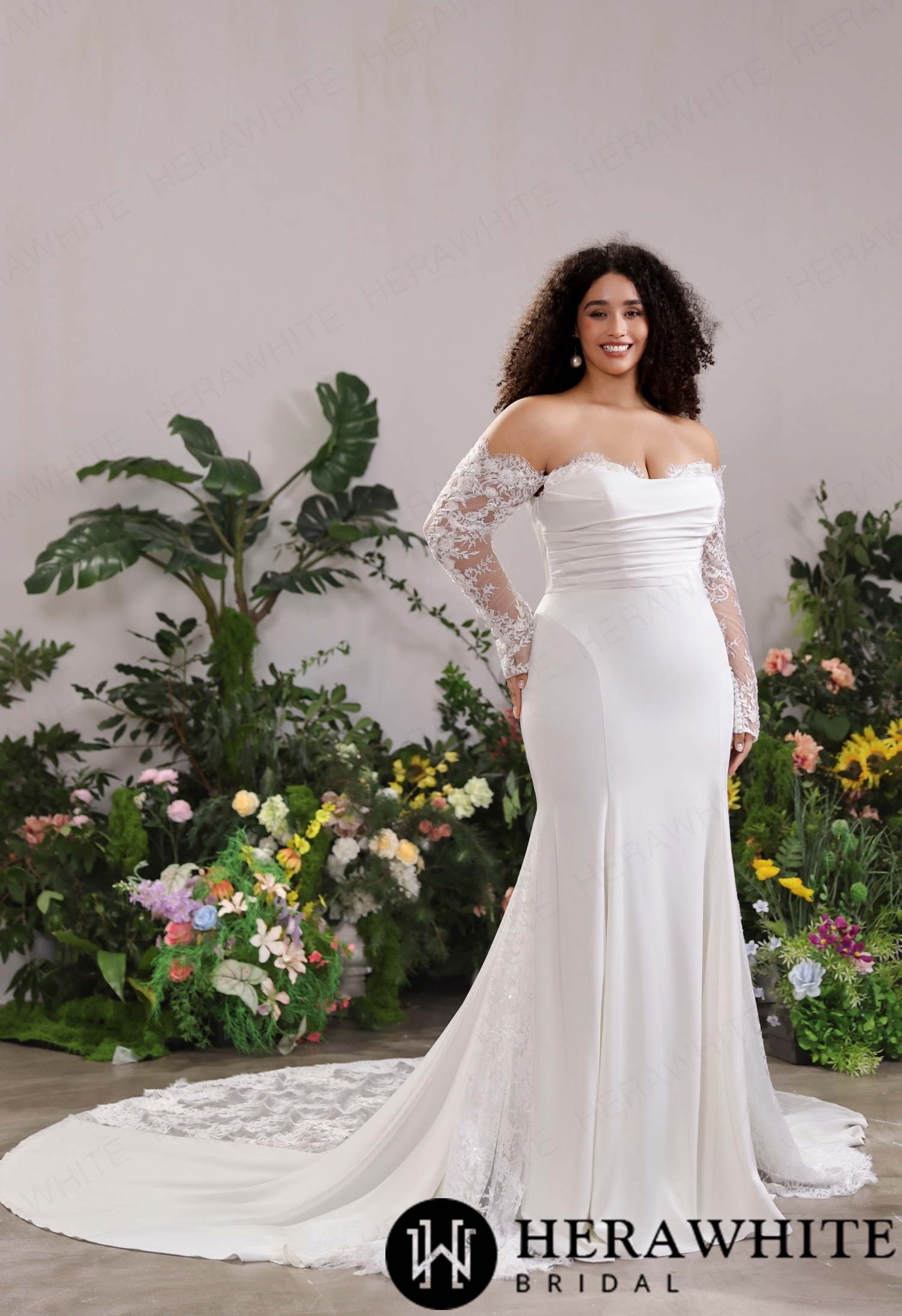 Pleated Satin Wedding Dress– Removable Chantilly Lace Arm Sleeves & Asymmetrical Lace Flank Train