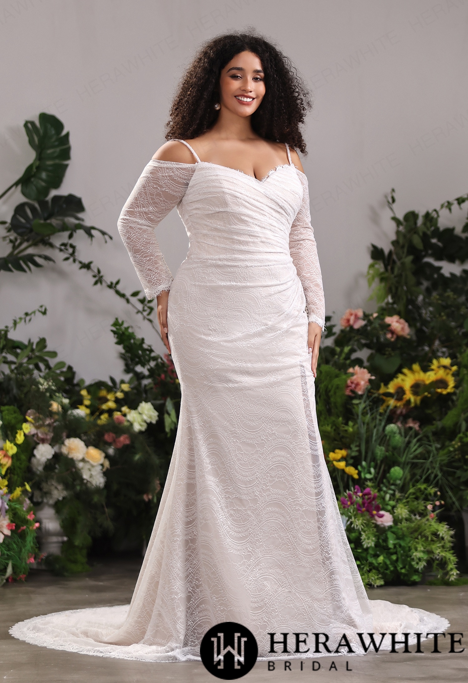 Textured Chantilly Lace Mermaid Dress– Convertible Off-Sleeve Bardot Frame With Removable Delicate Shoulder Straps
