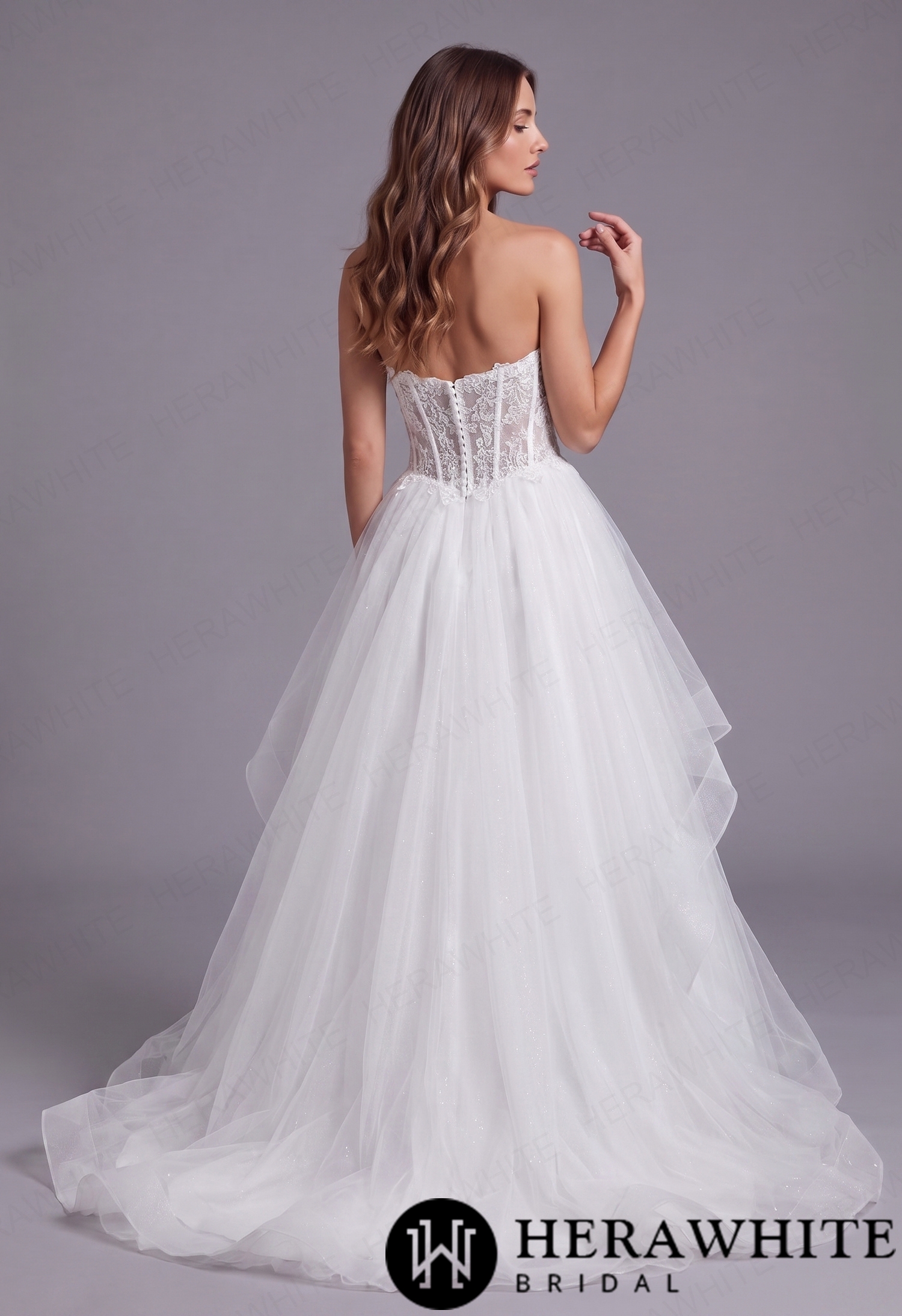 In Stock/ Ethereal Strapless Sweetheart Lace Plus Size Ballgown Wedding Dress with Ruffled Tulle Skirt In Stock/ Ethereal Strapless Sweetheart Lace Plus Size Ballgown Wedding Dress with Ruffled Tulle Skirt