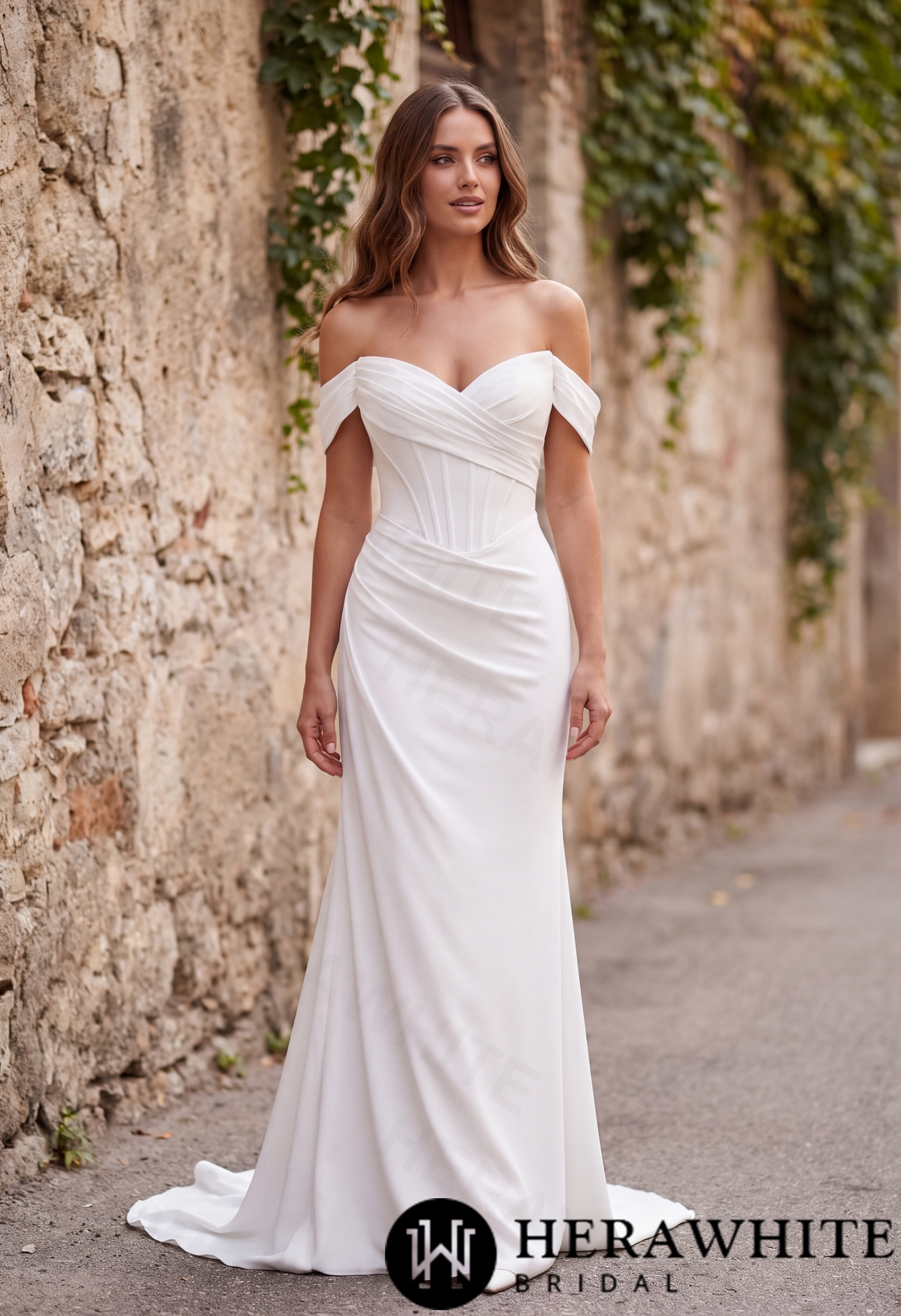 In Stock/ Sophisticated Off-Shoulder Crepe Wedding Dress with Pleated Bodice and Sweeping Train