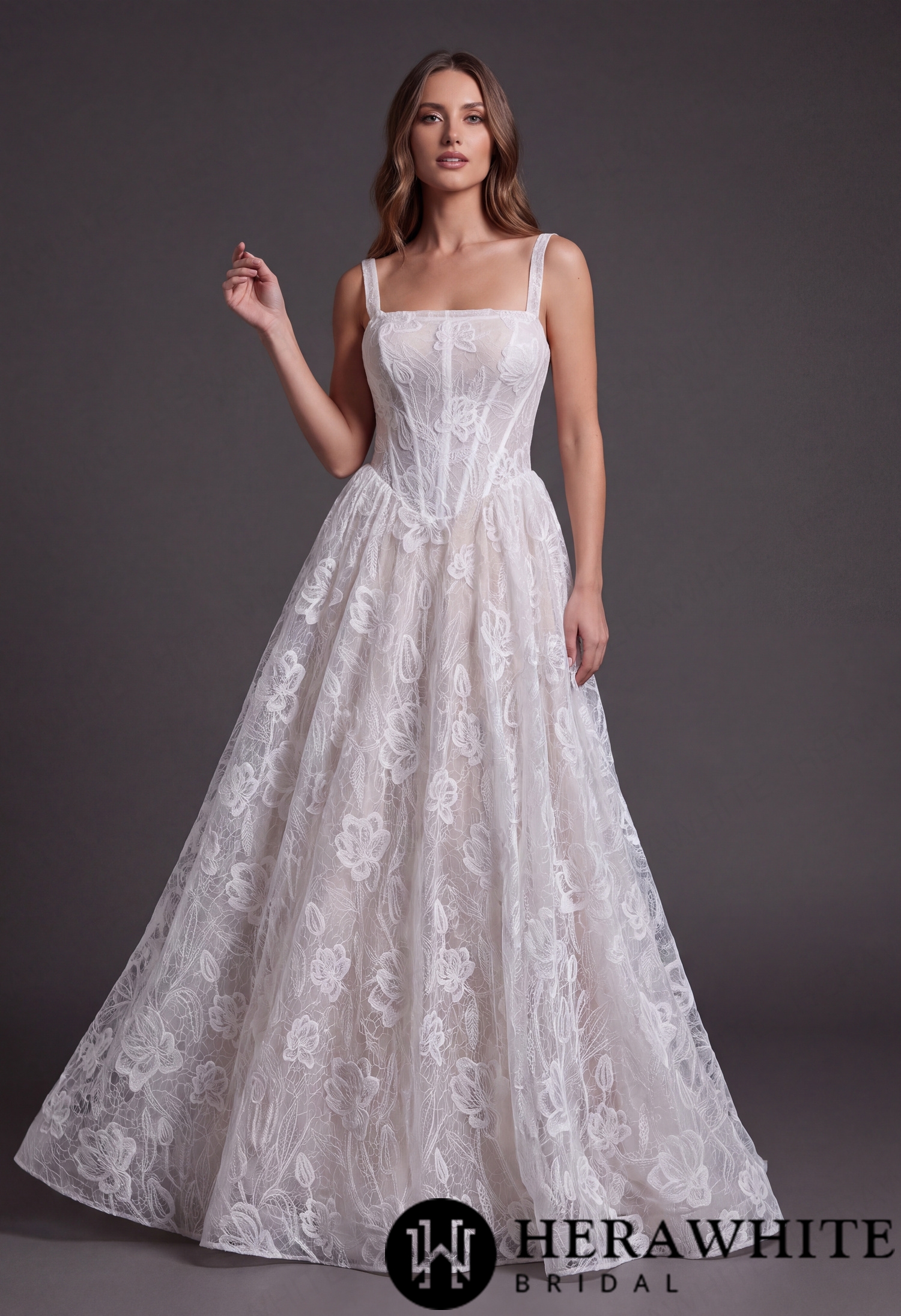 In Stock/ Romantic Square Neck Wide Strap Allover Lace A-Line Wedding Dress