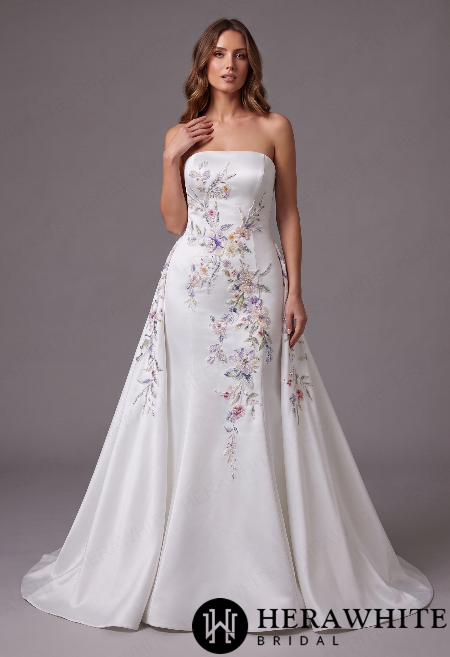 Colorful Strapless Neckline Satin Fit-and-Flare Wedding Dress with Detachable Cap Sleeves & Optional Separate Overskirt