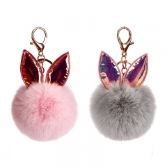 Fakefur rabbit keychain with shinning ears key chains,designer key chains,puff ball keychain