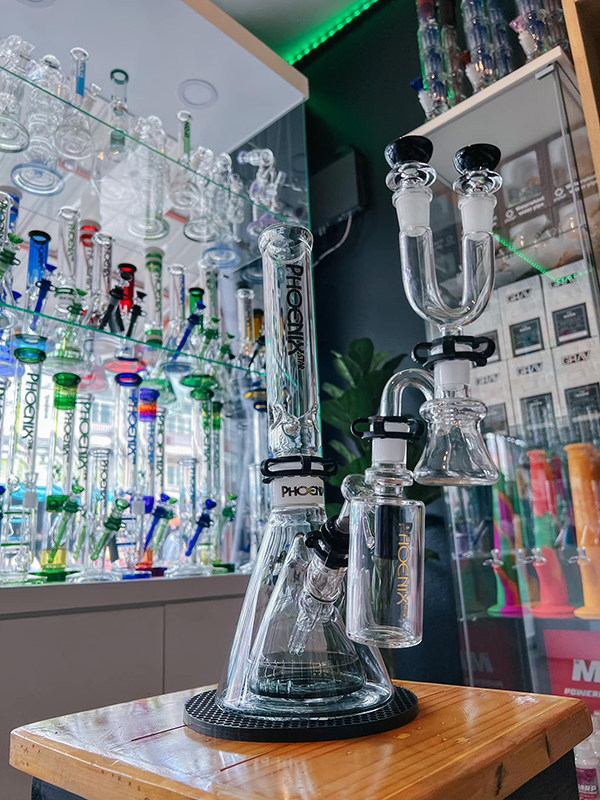 glass bongs collection on showcase
