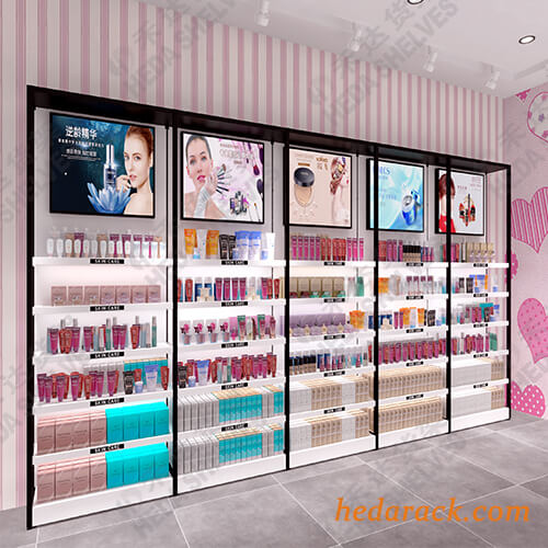 Diseño de estante de exhibición de maquillaje de pared al por mayor para productos cosméticos con iluminación LED (1
