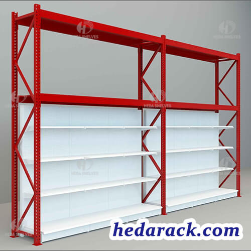 construction shelves, combo display shelving, supermarket shelves