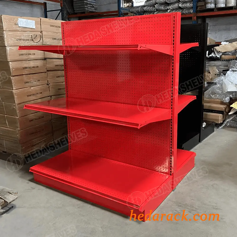 red Gondola Madix Shelving For Retail Stores,lozier shelving,medix gondola,red gondola,red store shelves