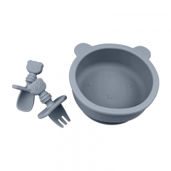Children's Bear Bowl Silicone Fork Spoon Complementary Food Anti-fall Feeding Tableware Set Silicone Cartoon Bear Bowl