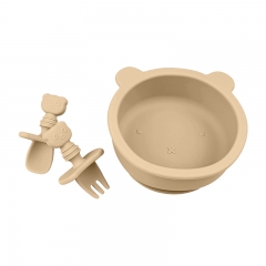 Children's Bear Bowl Silicone Fork Spoon Complementary Food Anti-fall Feeding Tableware Set Silicone Cartoon Bear Bowl