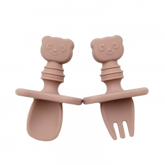 Food Grade Silicone Mini Fork Spoon Baby Animal Print Cutlery Set Feeding Spoon Learn to Eat Children's Cutlery