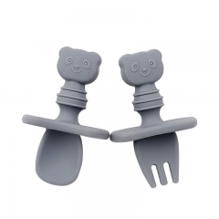 Food Grade Silicone Mini Fork Spoon Baby Animal Print Cutlery Set Feeding Spoon Learn to Eat Children's Cutlery