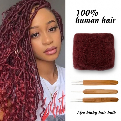 #Aubergine Tight Afro Kinky Bulk Human Hair for Draedlock Extensions, Repair Locs, Twists and Braids, with Crochet Hook