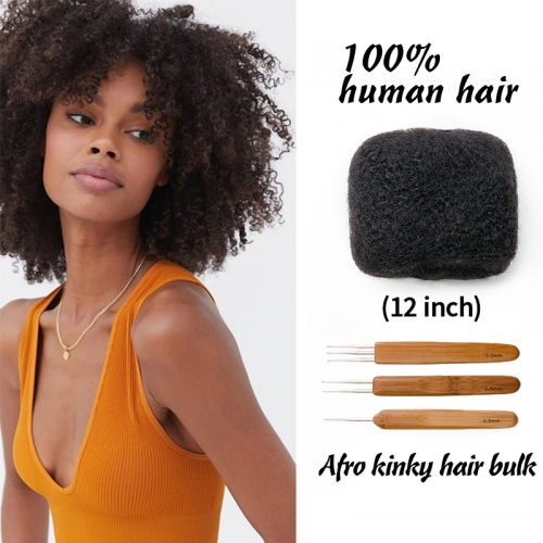 12 inch Tight Afro Kinky Bulk 100% Human Hair for Ideal to Make/ Repair Afro Hair Braids, Dreadlocks Extension, Afro Twist, with Crochet Hook