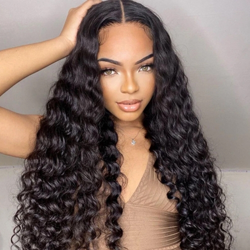 180% density Virgin Human Hair Deep Wave Lace Frontal Wig Natural Color