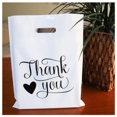 Custom Logo Printed Merchandise Die Cut Strong Handles Thank You White Plastic Bags With Personal Logo