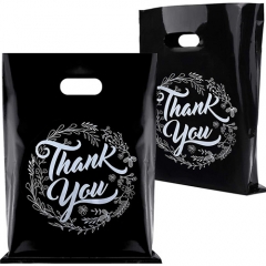 Customized Logo Print Standard Size High Quality Heavy Duty Thank You Black Plastic Shopping Bag With Handle