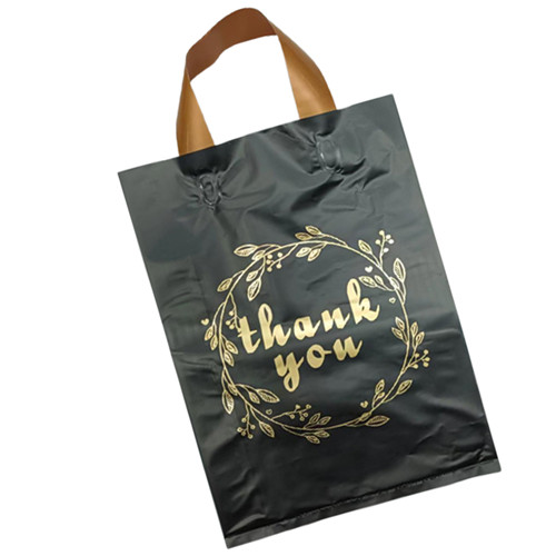 Custom Wholesale Business Thank You Black Plastic Bags 50 Pack With Soft Loop Handle Thank You Shopping Bags For Boutique