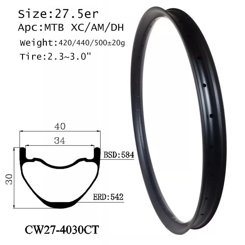 |CW27-4030CT| carbon rims 27.5 mountain bike MTB wheel width 40mm wide 30 deep hookless clincher tubeless DIY bicycle part XC/AM/DH