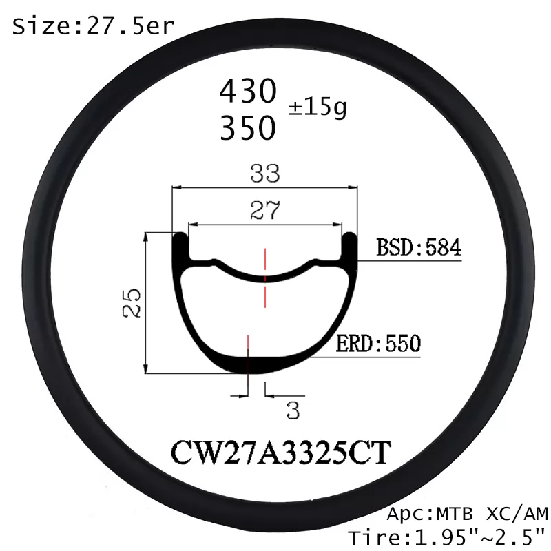 |CW27A3325CT| 27.5er clincher tubeless compatible hookless asymmetric 33mm mountain bike carbon rims advanced tech made from CN