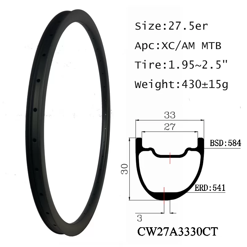 |CW27A3330CT| 27.5er mountain bike rims off-set design for smooth ride 33mm wide 30mm depth XC/AM ride clincher tubeless compatible