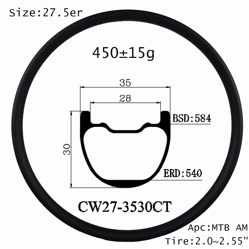 |CW27-3530CT|  carbon wheel 27.5er bike rims 35mm width 30mm depth clincher tubeless compatible XC AM ride cycles