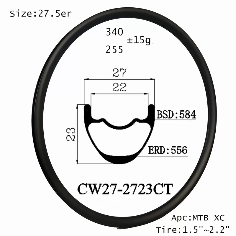 |CW27-2723CT| Paintless Matt glossy ultra light 255g only 27.5'' carbon MTB rims 27X23mm hookless clincher tubeless wheel tyres available mountain cyc