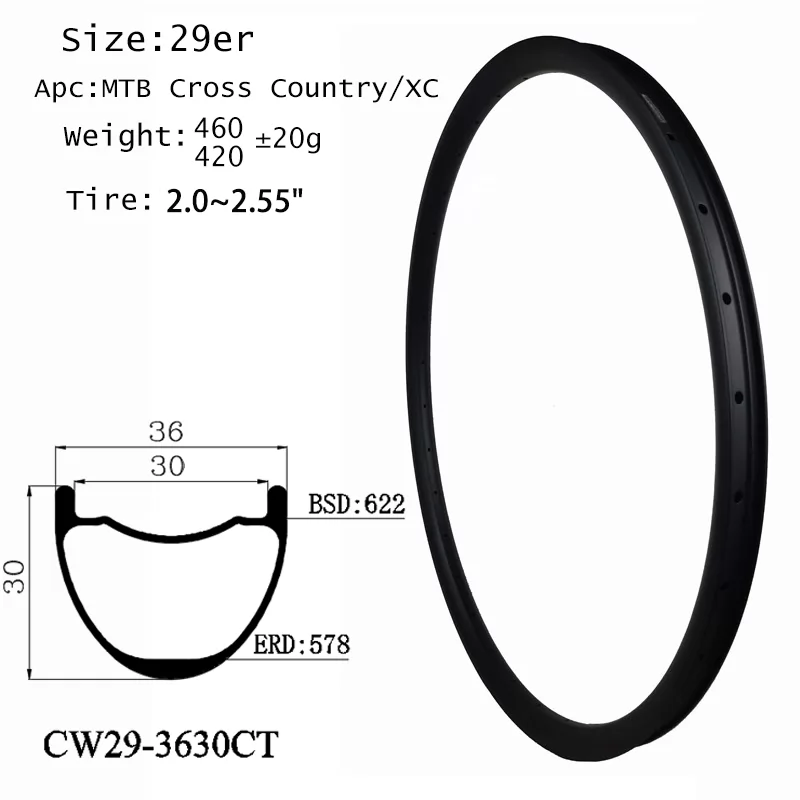 |CW29-3630CT| 29er wheel mountain bike carbon MTB rims width 36mm wide 30 deep hookless clincher tubeless Customized your bicycle part