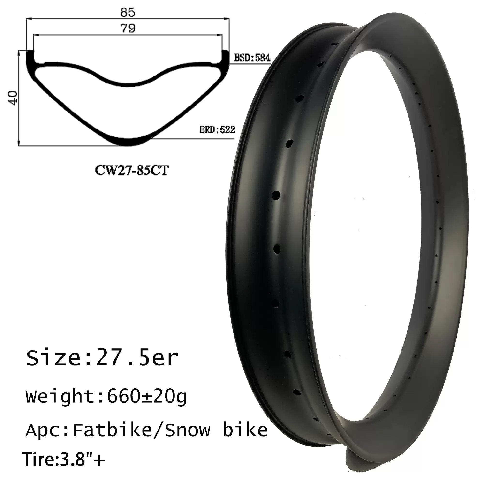 |CW27-85CT| 27.5er carbon fat bike rim 85mm width 40mm depth clincher tubeless hookless snowy day free ride high quality competitive price offer