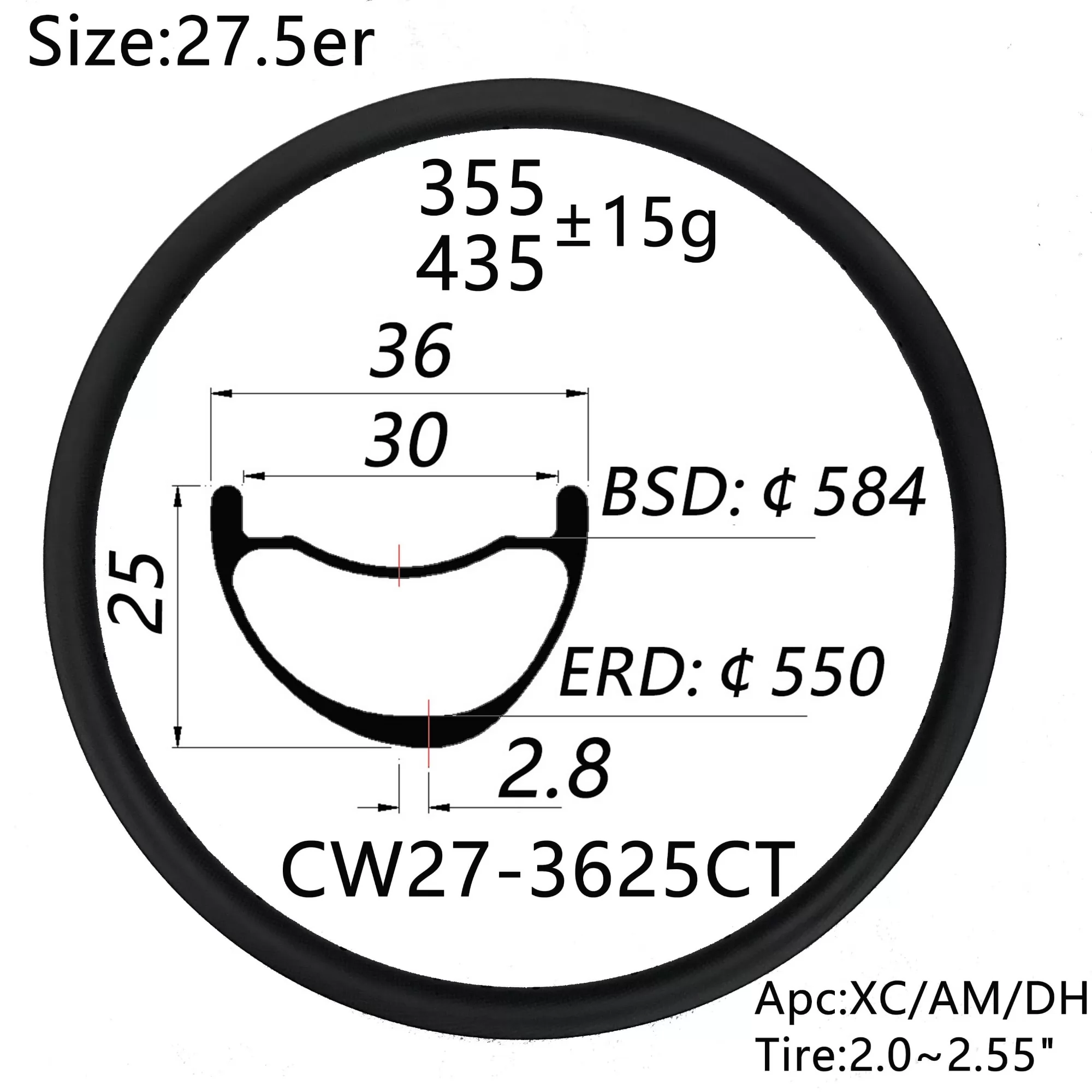 |CW27-3625CT| asymmetry 27.5er MTB rims 36mm width 25mm depth mountain bike hookless clincher and tubeless XC/AM/DH standard/ultralight version