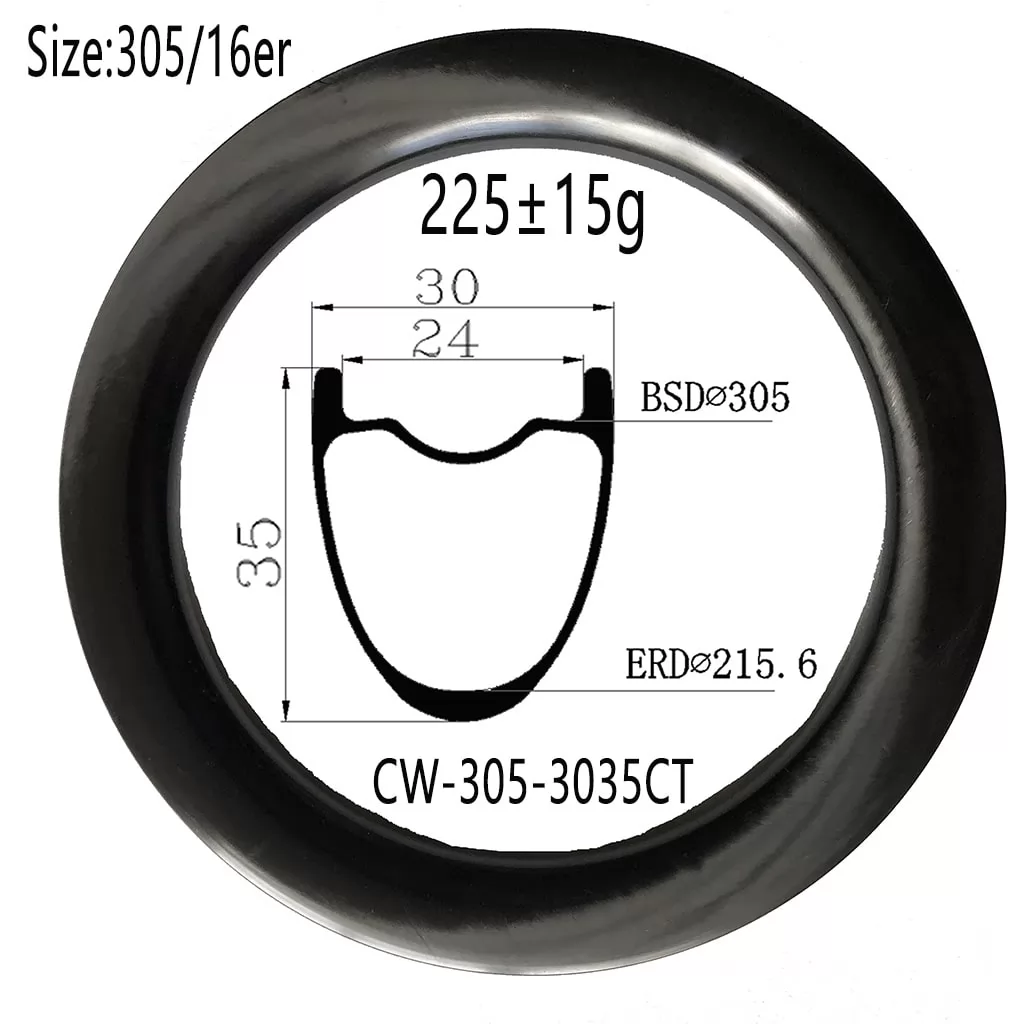 |CW305-3035CT| Carbon fiber 16"/305 30mm width 35mm depth BMX cincher hookless tubeless compatible rim disc brake bike rims