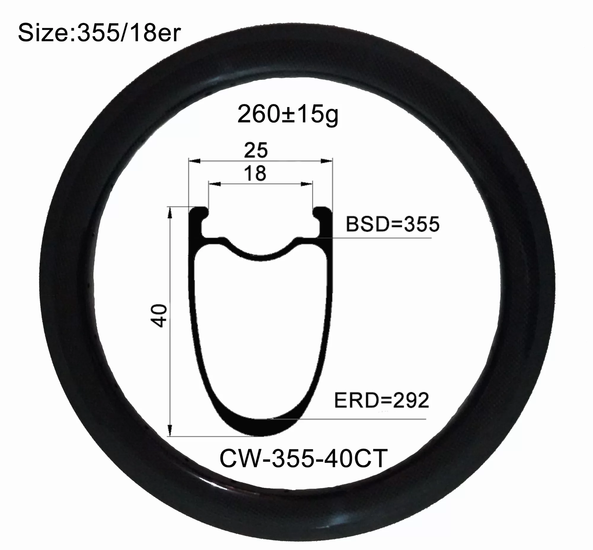 |CW355-40CT| Carbon fiber 355/18er 25mm width 40mm depth BMX cincher tubeless compatible rim V brake/Disc brake both acception