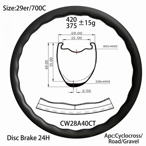 |CWA2840CT| Carbon bike rim 24 holes wave shape disc brake bike cycle rim light weight standard version 375g 28mm width 40mm depth
