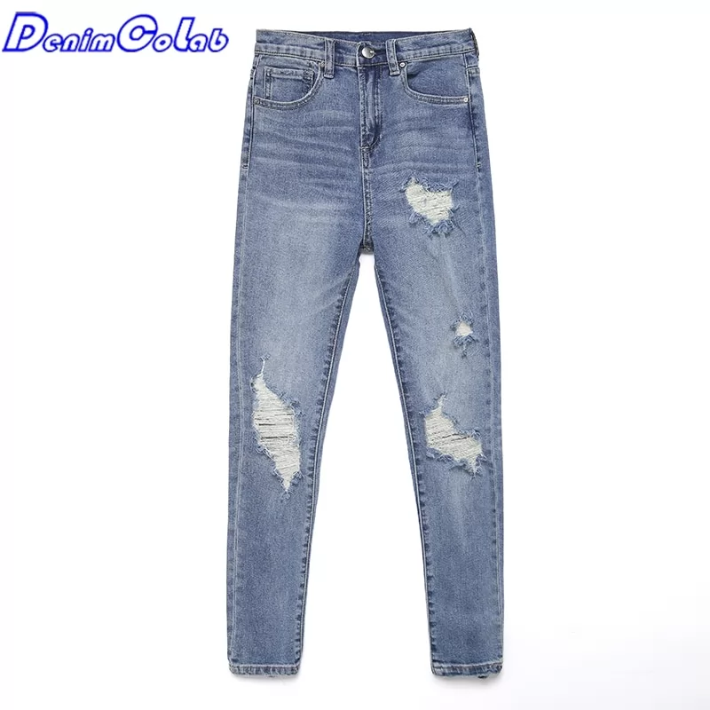 DenimColab 2022 Fashion Holes Jeans Pants Woman Vintage Skinny Elastic Denim Pencil Pants Female Casual Stretch Jeans