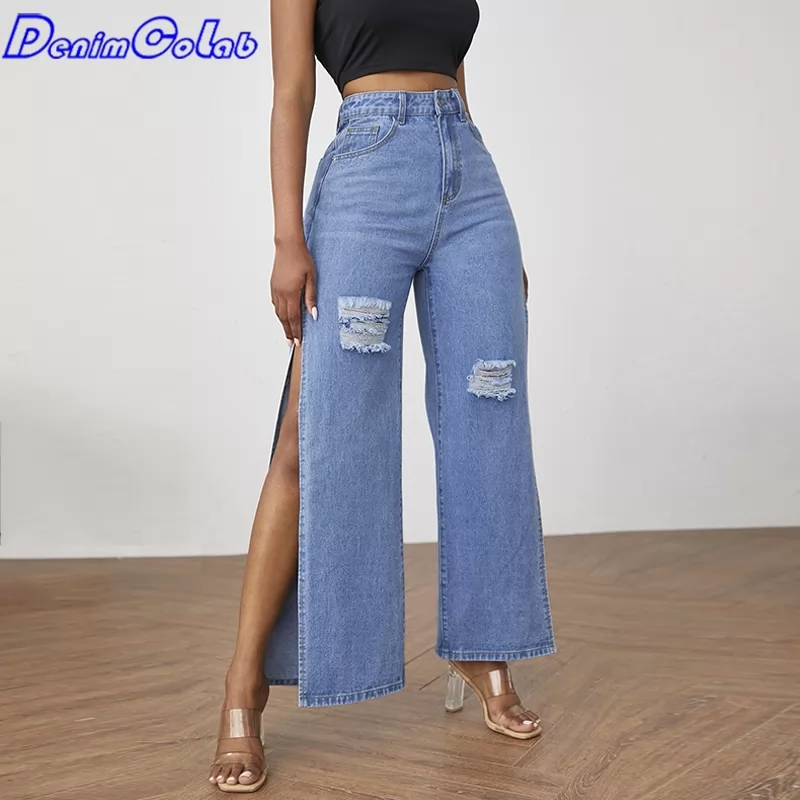 DenimColab Fashion High Split Wide Leg Pants Women Casual Loose Hole Jeans Ladies Streetwear Ripped Jeans Trousers Denim Pants