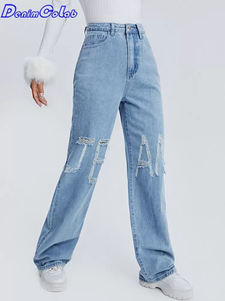 DenimColab 2022 New Letter Hole Wahsed Women's Jeans Fashion High Waist Loose Boyfriend Jeans Female Denim Pants Mom Jeans