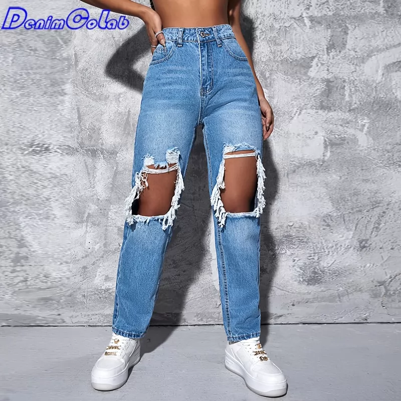 Denimcolab 2022 Fashion Hole Washed Straight Pants High Waist Women's Jeans Femme 100% Cotton Loose Denim Pants Boyfriends Jeans