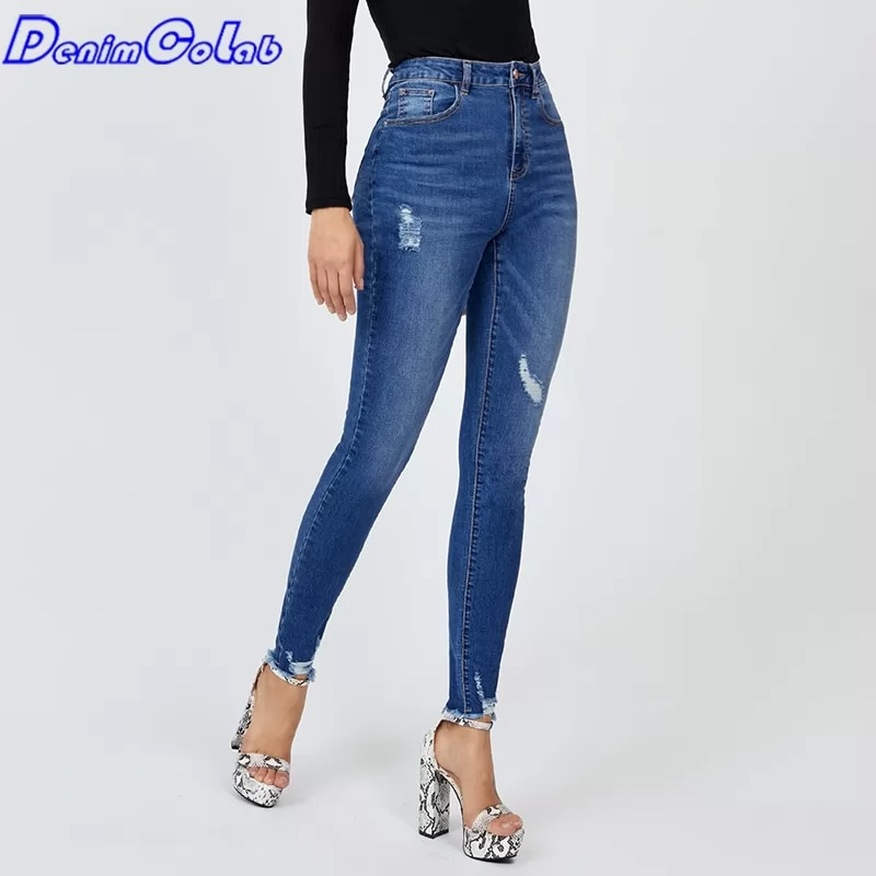 DenimColab Fashion Hole Washed Elastic Women's Jeans High Waist Skinny Denim Pencil Pants Female Slim Fit Casual Stretch Jeans