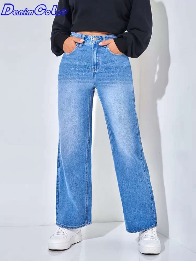 Denimcolab 100% Cotton Loose Wide Leg Pants Women's Jeans 2022 High Waist Boyfriends Jeans Femme Causal Denim Pants Mom Jeans