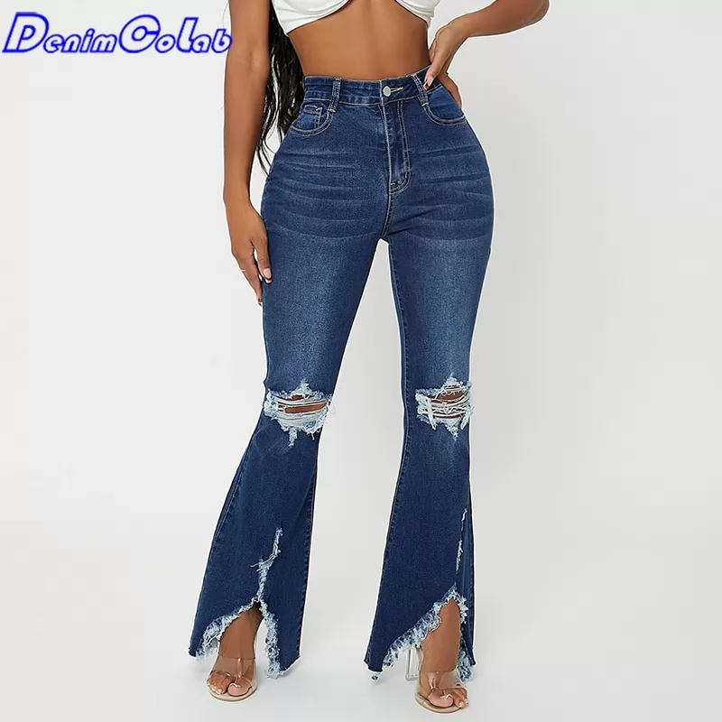 Denimcolab 2022 Fashion Hole Washed Flare Pants High Waist Elastic Women's Jeans Skinny Denim Pant Female Stretch Casual Jeans
