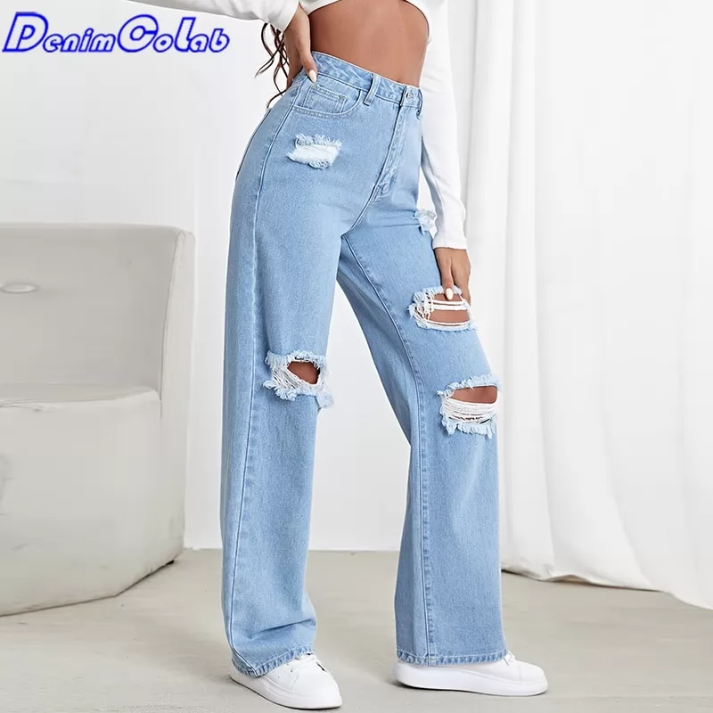 Denimcolab 2022 Fashion Hole Washed Women Boyfriends Jeans High Waist Loose Casual Denim Pants Femme 100% Cotton Mom Jeans